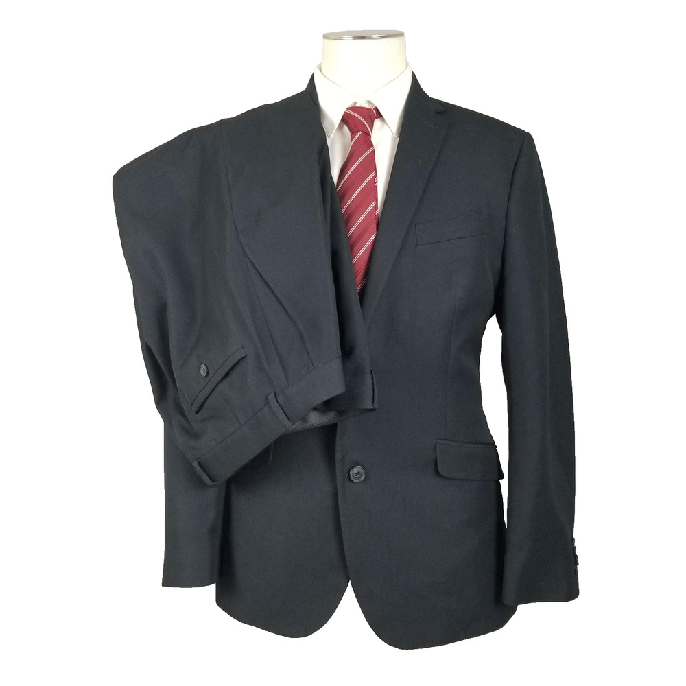 Kenneth Cole Reaction Suit Mens 42R 36W Black Two Button Blazer Pants Set Formal